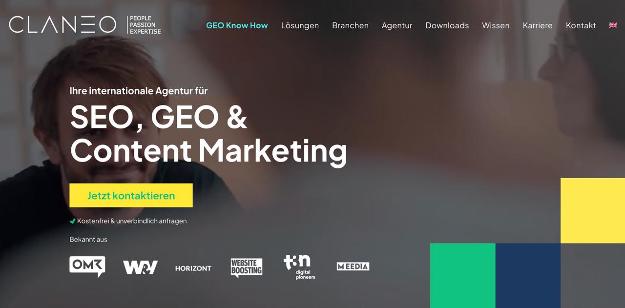 Домашняя страница Claneo демонстрирует возможности SEO-агентства в Германии, работающего в сфере искусственного интеллекта, с 75 экспертами, специализирующимися на оптимизации ChatGPT и Perplexity