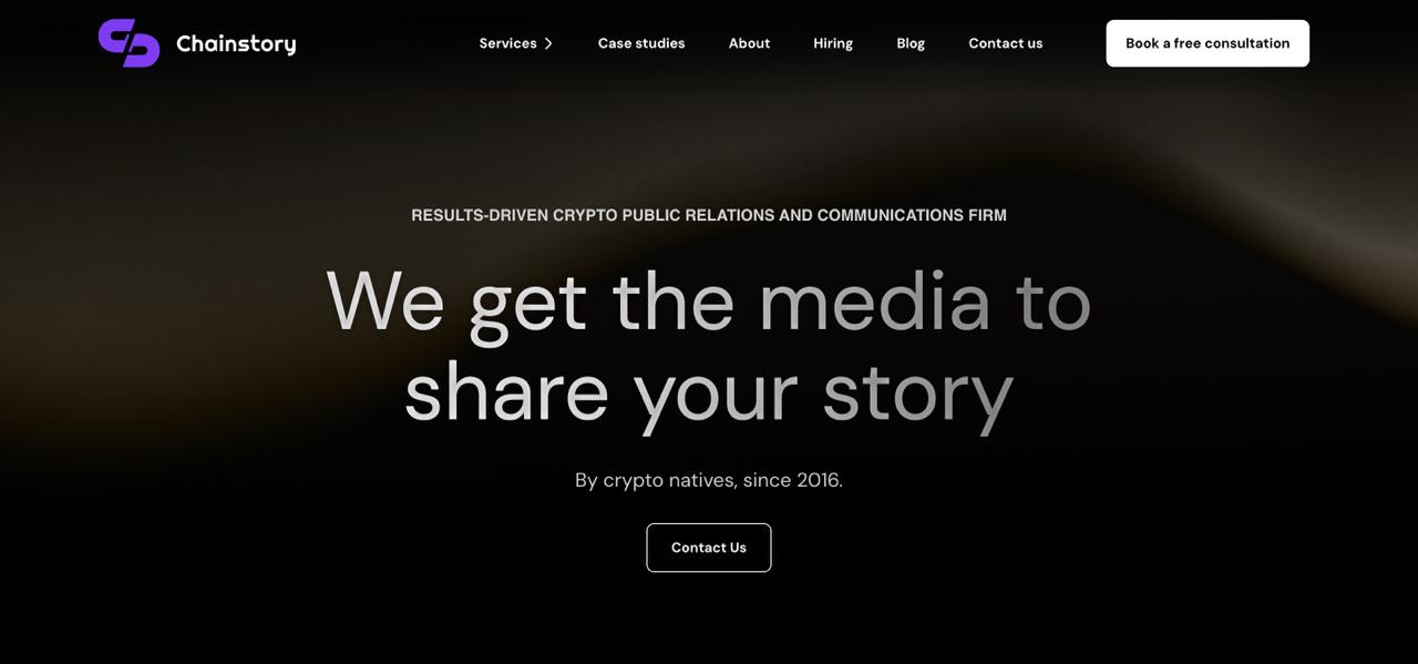 La page d'accueil de Chainstory présente des services de relations publiques cryptographiques pilotés par l'IA et des messages stratégiques pour les agences de blockchain et les marques Web3.
