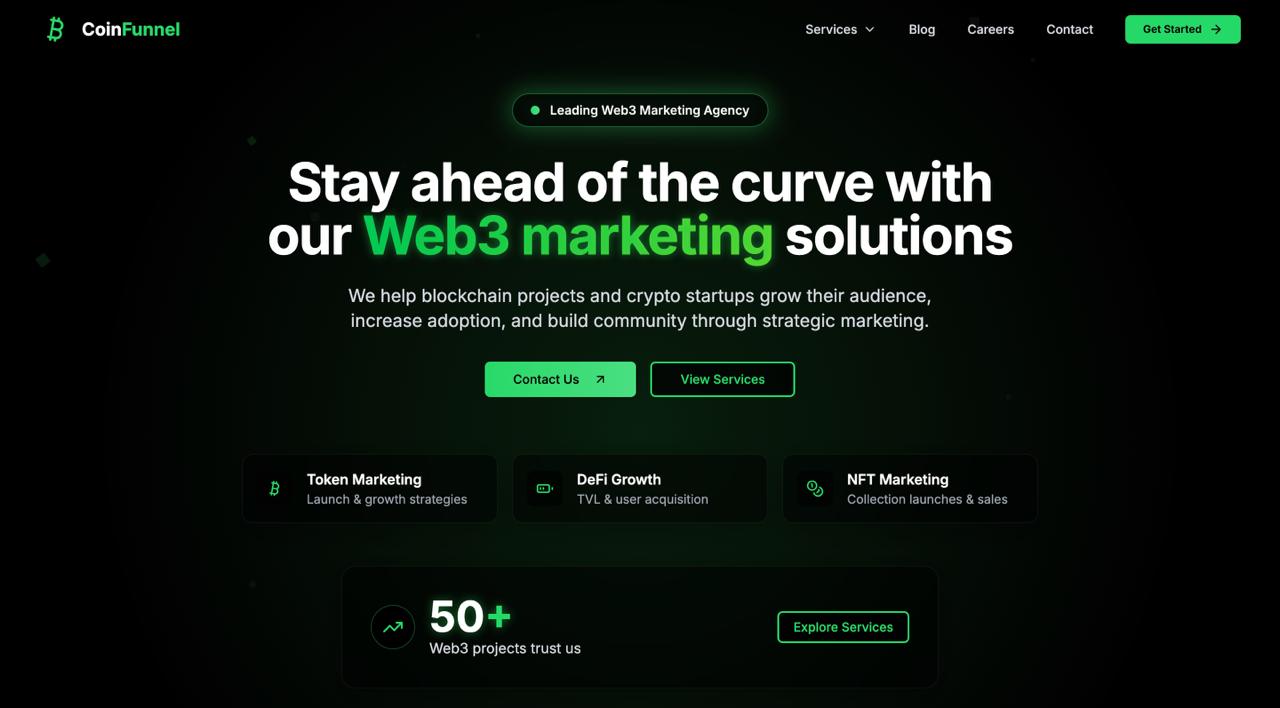 La page d'accueil de CoinFunnel offre des services spécialisés de marketing de jetons et des stratégies de croissance de la communauté DeFi pour les lancements de blockchain.