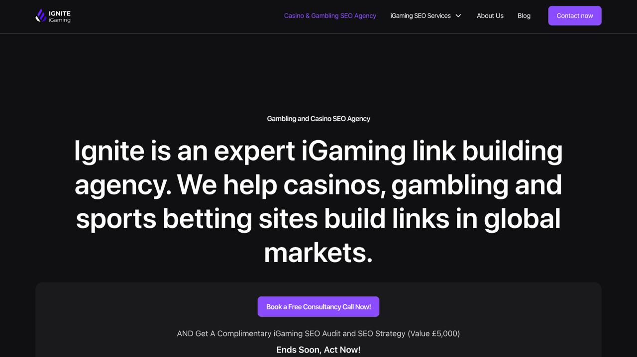 Le site web Ignite iGaming présente des services d'experts en référencement de casinos avec une optimisation alimentée par l'IA, une équipe expérimentée, et des stratégies complètes de référencement de jeux pour les plateformes de casino en ligne et de paris sportifs.