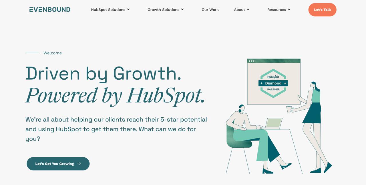 الموقع الإلكتروني لوكالة Evenbound الذي يعرض خدمات التسويق عبر HubSpot للقطاعات الصناعية والتصنيعية