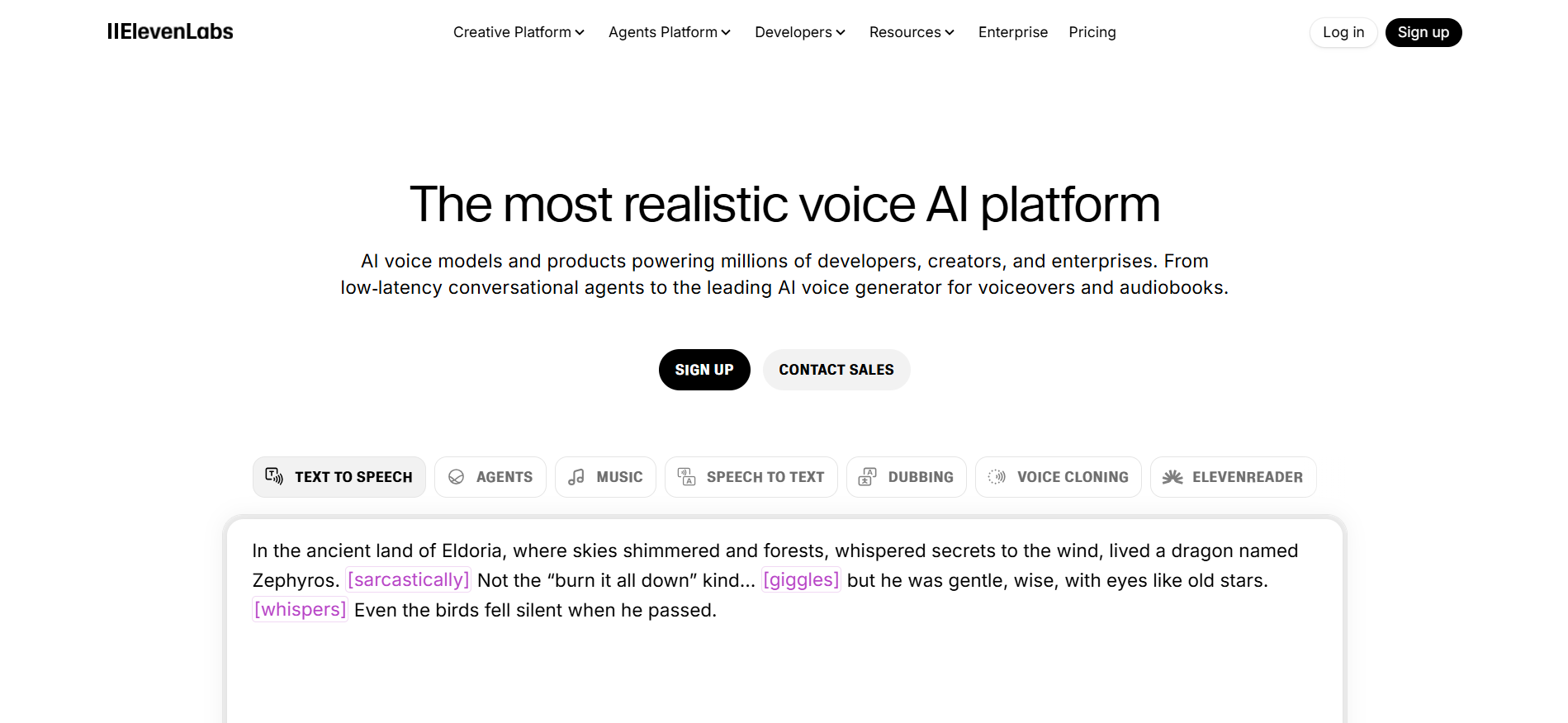 ElevenLabs homepage with a prominent Sign Up button.