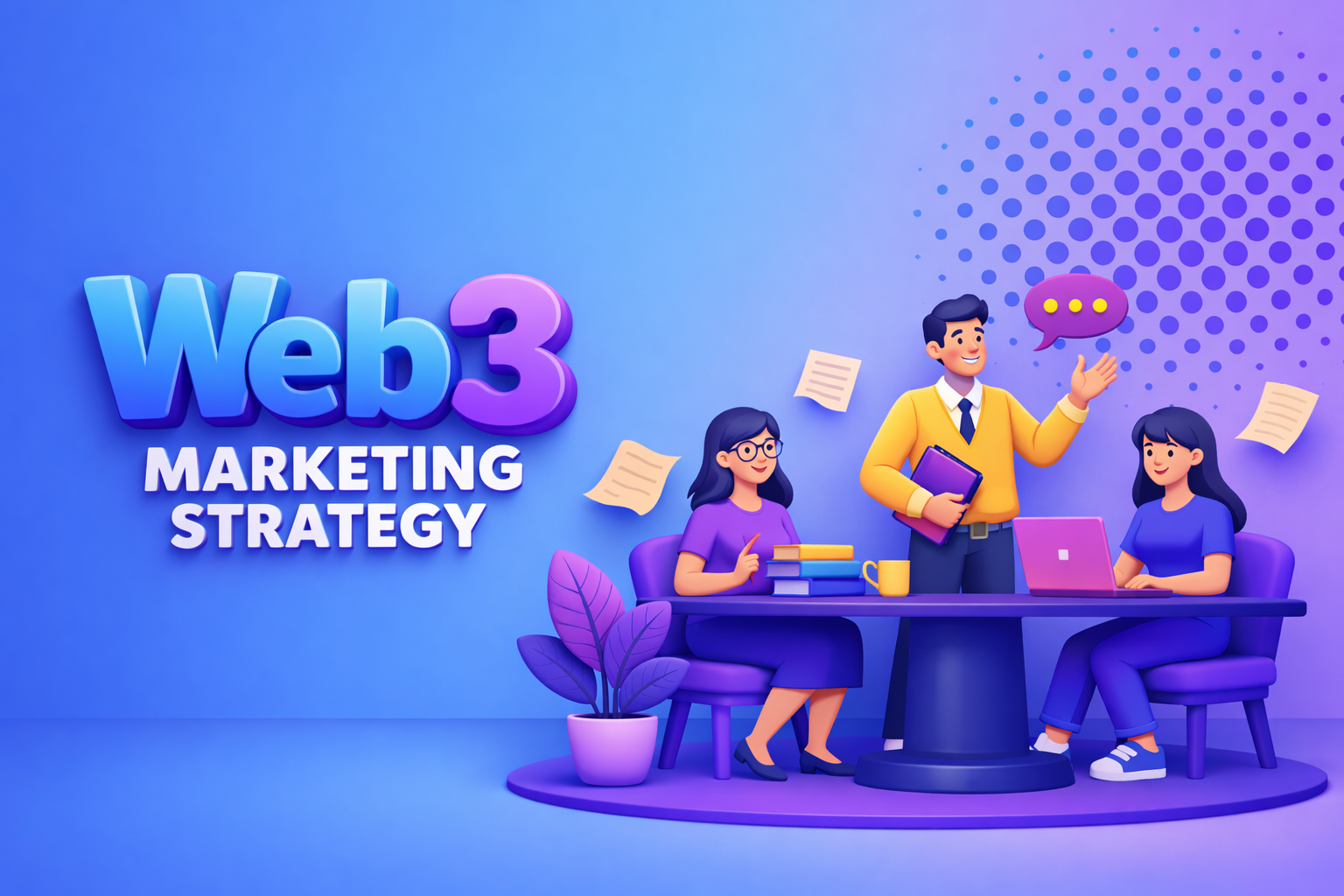 Soft 3D illustration in a blue and purple tech palette showing a team discussing strategy at a table, with the highlighted text ‘Web3 Marketing Strategy’ and rounded, modern shapes on a gradient background.
