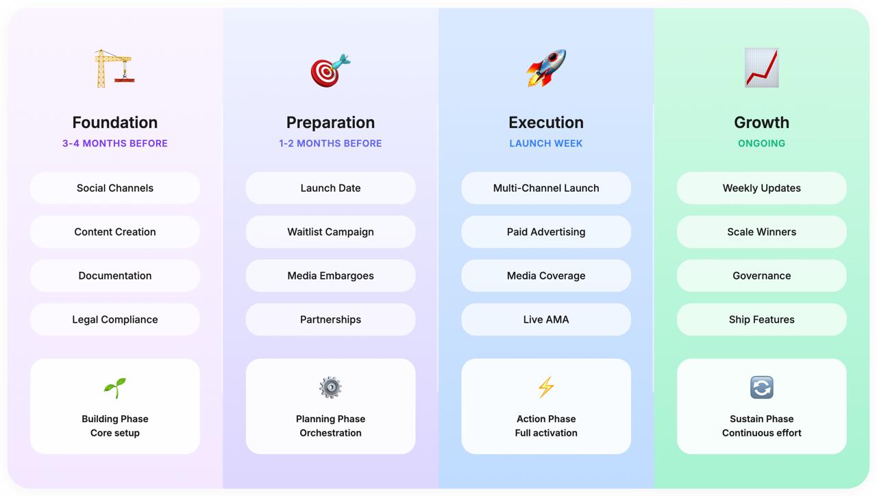 Four-phase launch timeline with gradient backgrounds showing Building, Planning, Action, and Sustain phases with key activities for each stage