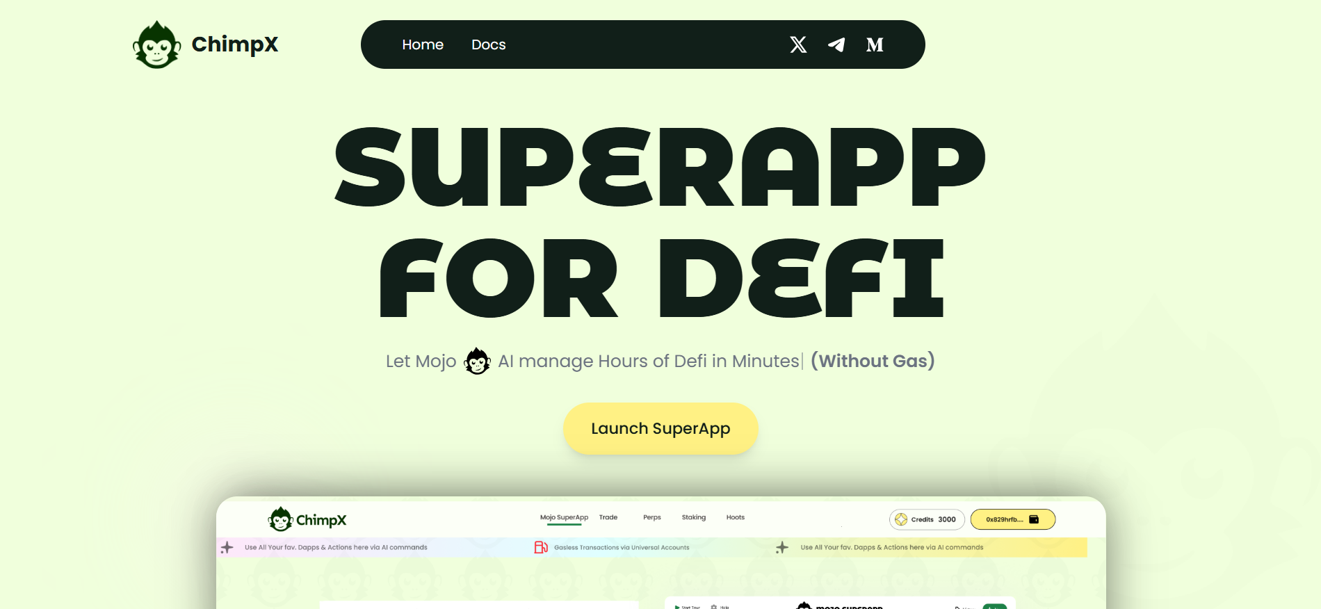 ChimpX SuperApp for DeFi letting Mojo AI manage hours of decentralized finance in minutes without gas best crypto presale February.