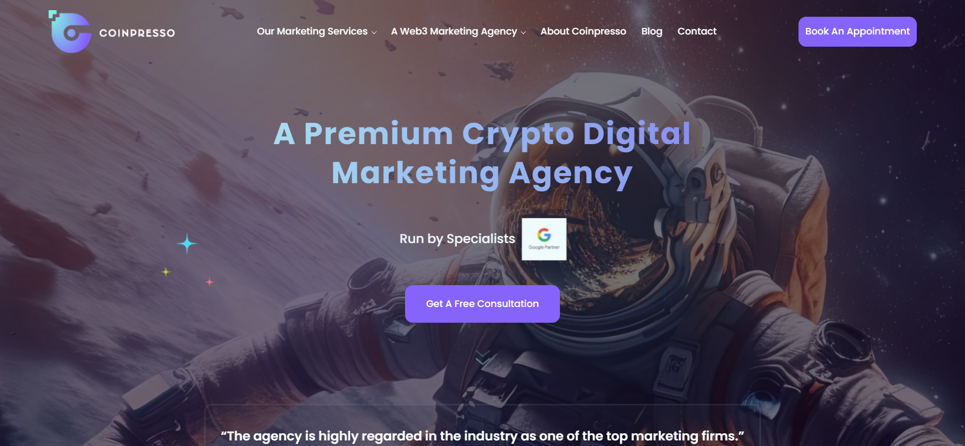 Coinpresso وكالة تسويق رقمي متميزة للعملات الرقمية مع شارة شريك جوجل تقدم خدمات استشارات التسويق عبر الويب 3.