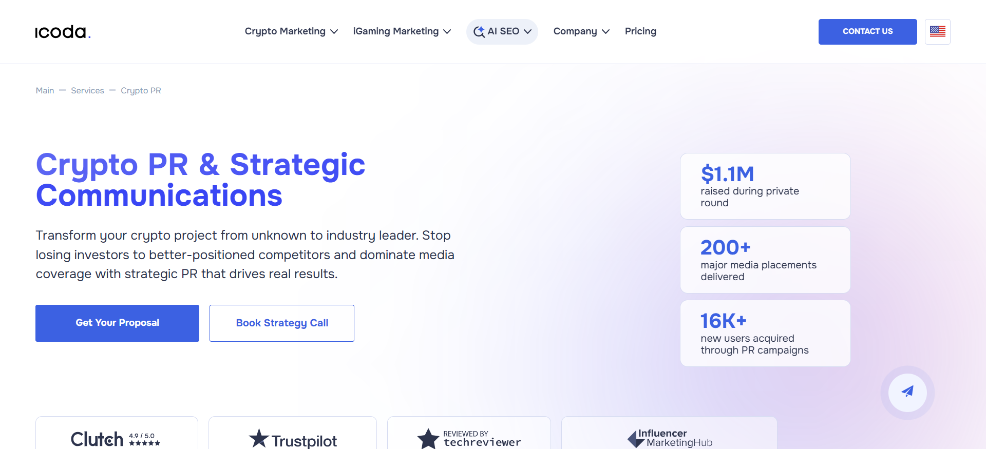 ICODA crypto PR agency in Dubai offering strategic communications with $1.1M raised and 200 major media placements.