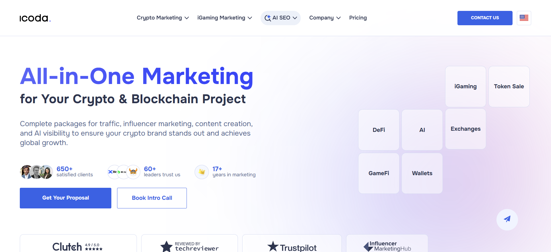 ICODA وكالة تسويق متكاملة للعملات الرقمية والبلوك تشين مع أكثر من 650 عميلاً عبر قطاعات DeFi GameFi iGaming والذكاء الاصطناعي.