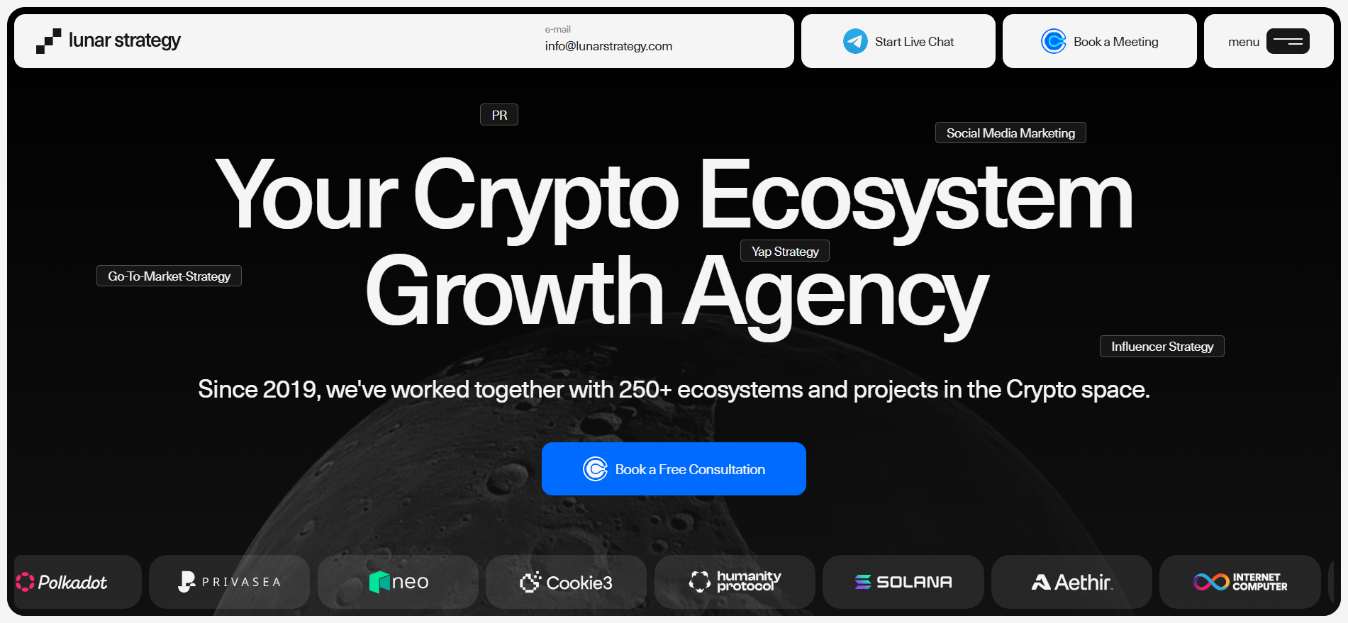 وكالة Lunar Strategy Strategy لنمو النظام الإيكولوجي للعملات الرقمية التي تضم بولكادوت سولانا وكمبيوتر الإنترنت كعملاء استشاريين في مجال التسويق.