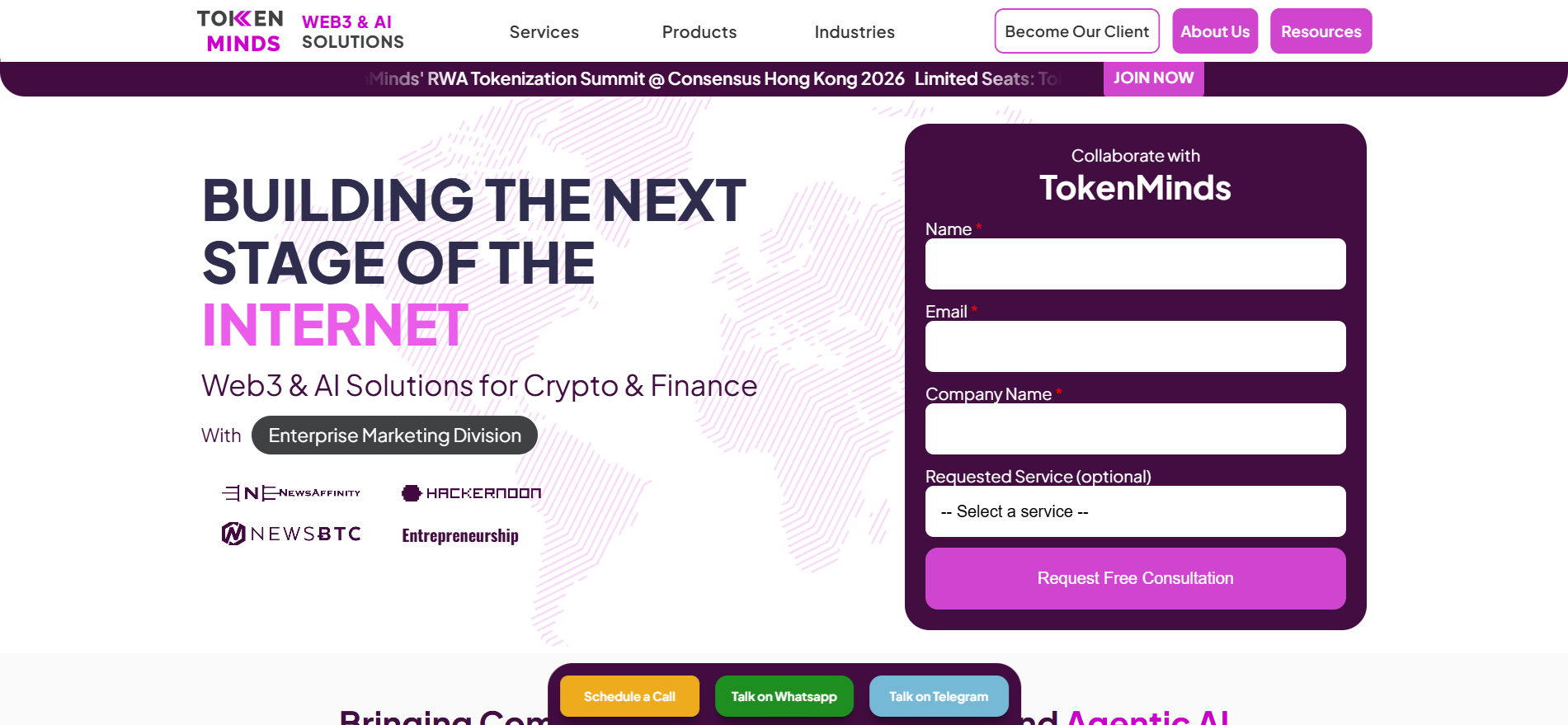حلول TokenMinds Web3 والذكاء الاصطناعي للعملات المشفرة والتمويل مع قسم استشارات التسويق المؤسسي وقمة RWA لترميز العملات الرقمية.