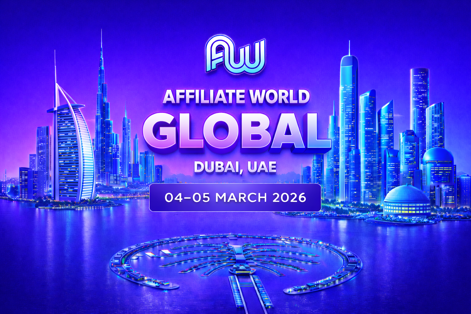 Purple-to-blue gradient poster for Affiliate World Global in Dubai, UAE, showing a stylized Dubai skyline and Palm Jumeirah. The AW logo appears above bold 3D text ‘AFFILIATE WORLD GLOBAL’, with ‘DUBAI, UAE’ and the dates ‘04–05 MARCH 2026’.