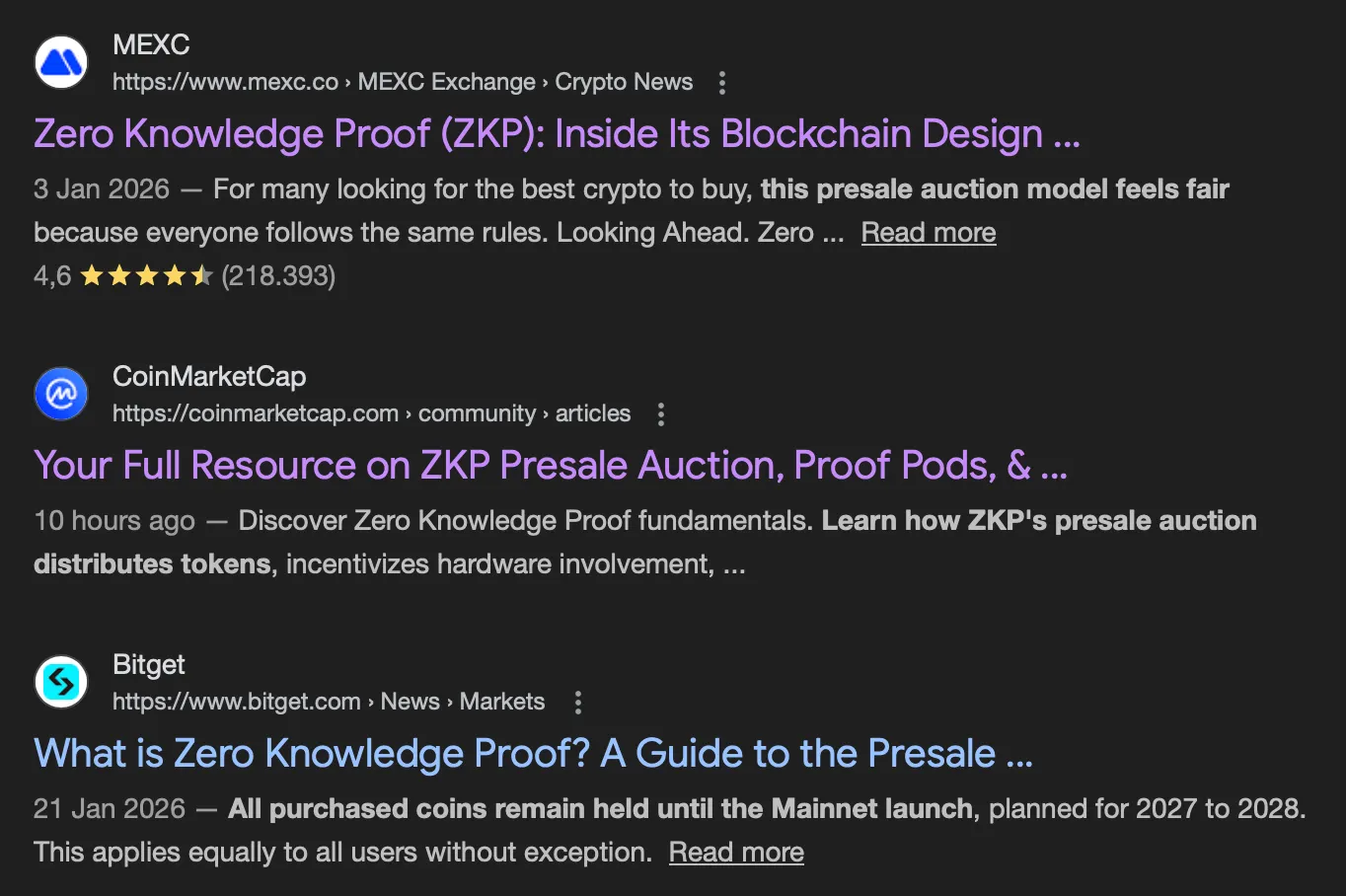 Результаты поиска Google, показывающие, что перепечатки MEXC, CoinMarketCap и Bitget доминируют на верхних позициях по запросу проекта предпродажи криптовалют в 2026 году.