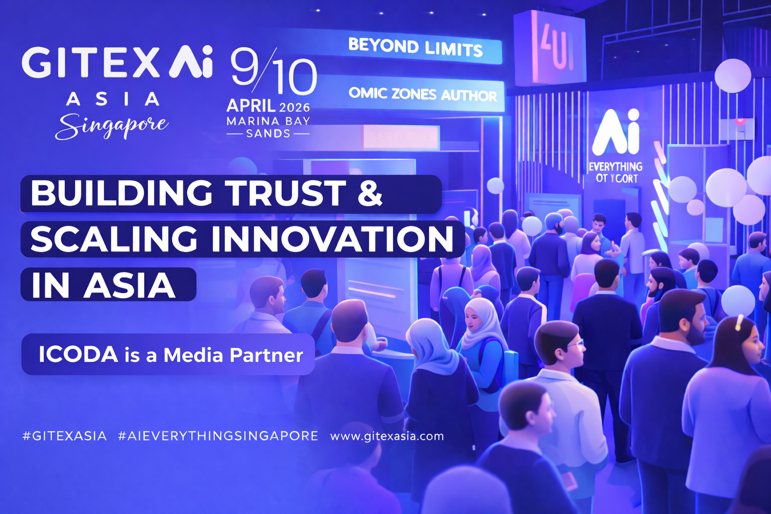 Soft 3D blue and purple promo banner for GITEX AI Asia Singapore 2026 with event details and “ICODA is a Media Partner” text.