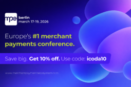 Soft 3D promotional banner for MPE Berlin 2026 merchant payments conference, featuring rounded abstract blue and purple shapes, flat gradients, and discount code “icoda10” in a modern tech-style design.