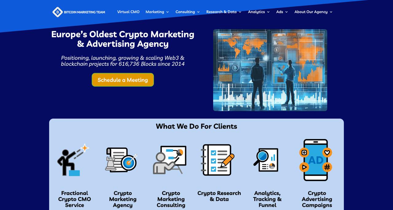 La page d'accueil de l'équipe marketing Bitcoin présente la stratégie de lancement des jetons et les services de marketing Web3.