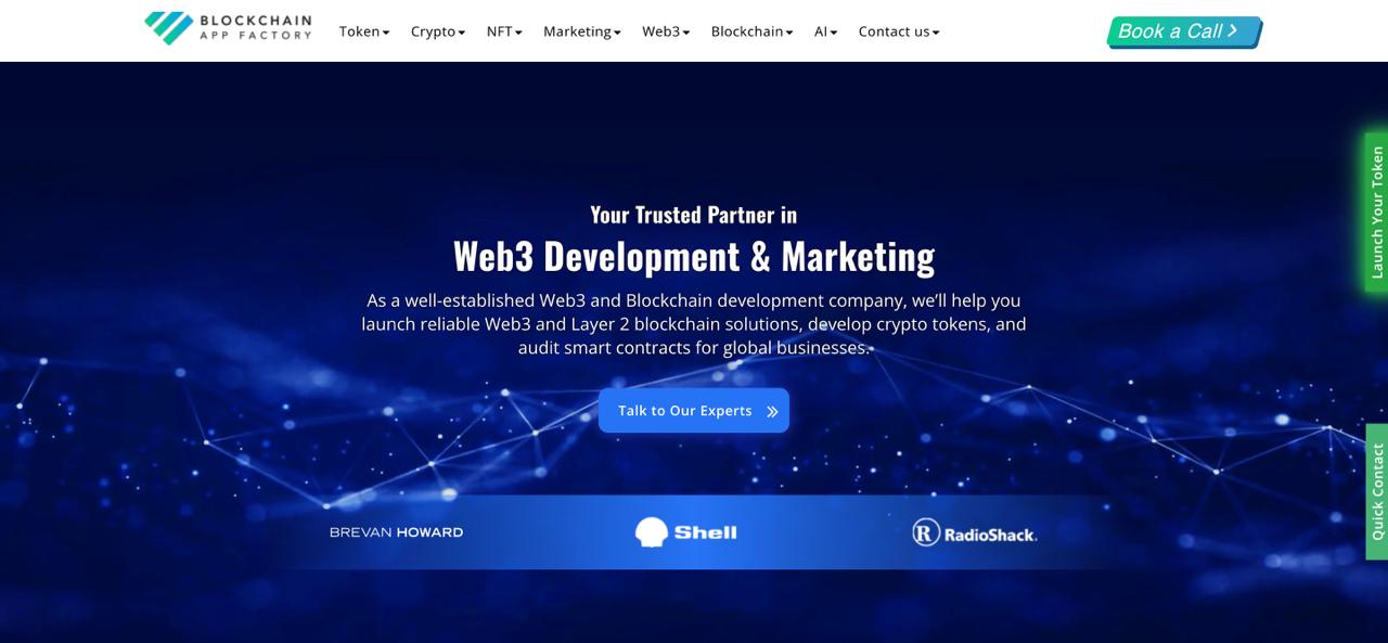 La page d'accueil de Blockchain App Factory présente la promotion des jetons d'IA et les solutions de marketing crypto.