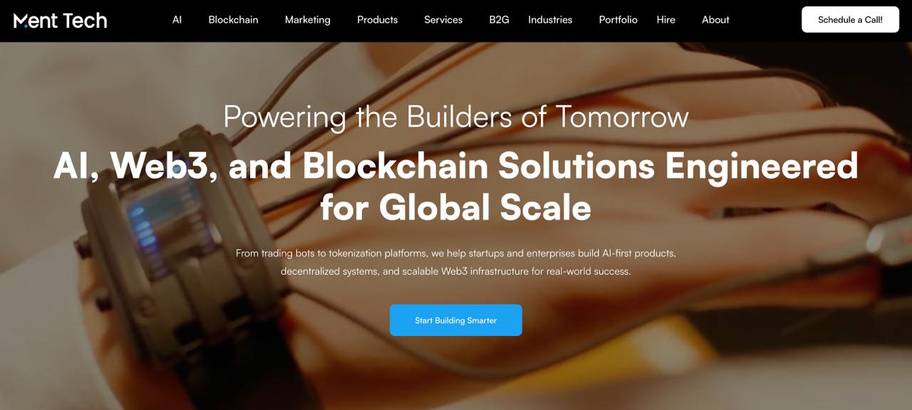 La page d'accueil de Ment Tech Labs présentant les services de relations publiques sur la blockchain et de marketing de l'IA pour les projets Web3.