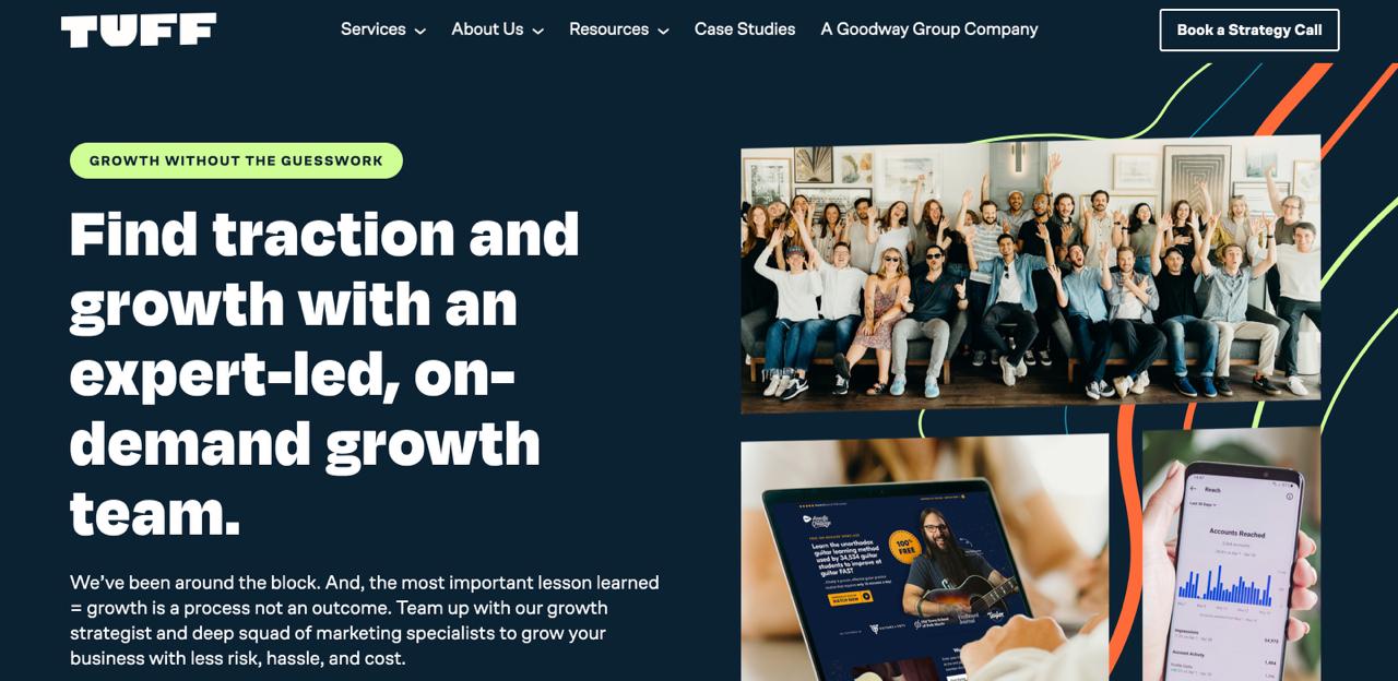 La page d'accueil de Tuff Growth met en avant les sprints marketing agiles avec l'analyse prédictive alimentée par l'IA et les tests automatisés pour les marques fintech à croissance rapide.