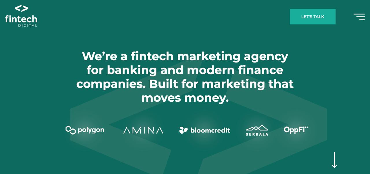 Page d'accueil FinTech Digital présentant des services de marketing intégrés à l'IA pour les banques, les startups fintech et les projets blockchain dans le secteur des services financiers.
