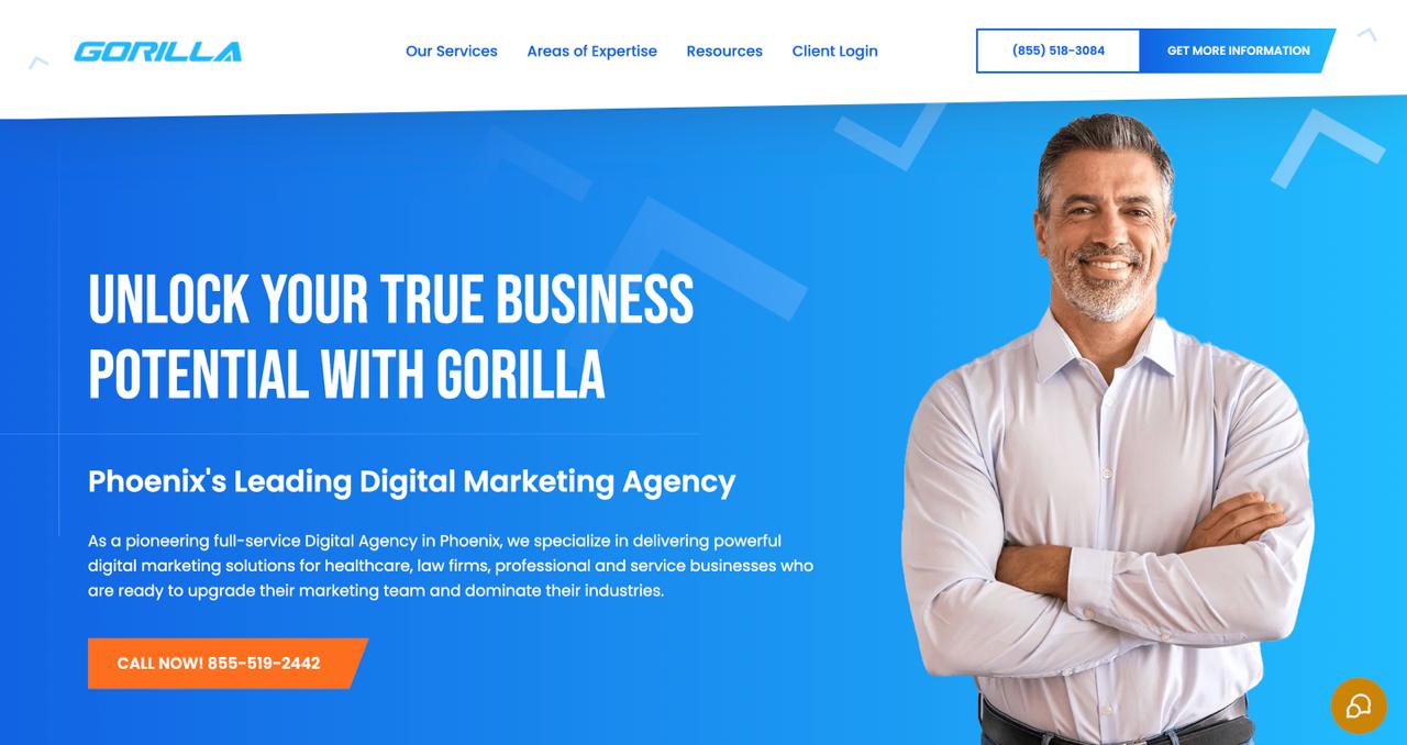 تقدم الصفحة الرئيسية لشركة Gorilla Marketing خدمات تحسين محرك الإجابة المصممة للصناعات المنظمة بما في ذلك الرعاية الصحية والقانونية