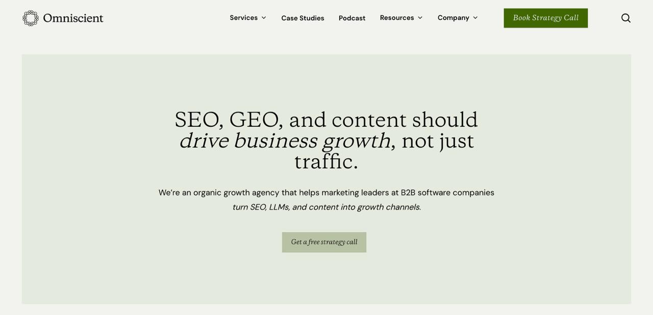 صفحة رئيسية رقمية شاملة مع خدمات SEO وتحسين محركات البحث (RAG) وخدمات تحسين المحركات التوليدية لمرحلة النمو في البرمجيات كخدمة