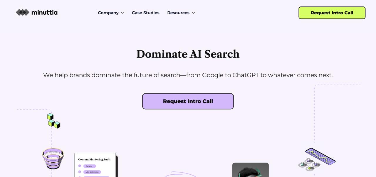 الصفحة الرئيسية لشركة Minuttia التي تتميز بأدوات الرؤية الخاصة بالذكاء الاصطناعي واستراتيجية المحتوى الدلالي وخدمات تحسين المحرك التوليدي للعلامات التجارية SaaS