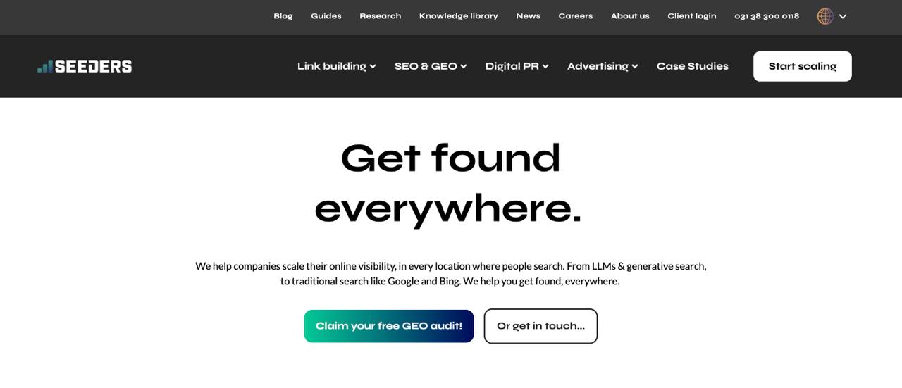 تعرض صفحة Seeders الرئيسية التي تعرض خدمات SEO الدولية المتكاملة مع خدمات تحسين المحركات التوليدية والعلاقات PR وبناء الروابط للعلامات التجارية التي تتوسع عالميًا