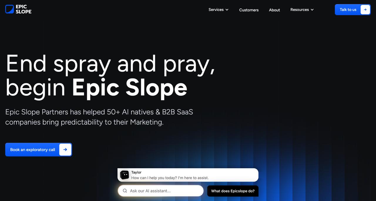 الصفحة الرئيسية لشركة Epic Slope Partners التي تعرض إعادة هيكلة المحتوى القائم على الذكاء الاصطناعي، وتتبع أداء GEO، وخدمات تحسين المحرك التوليدي لشركات البرمجيات كخدمة في مراحلها الأولى