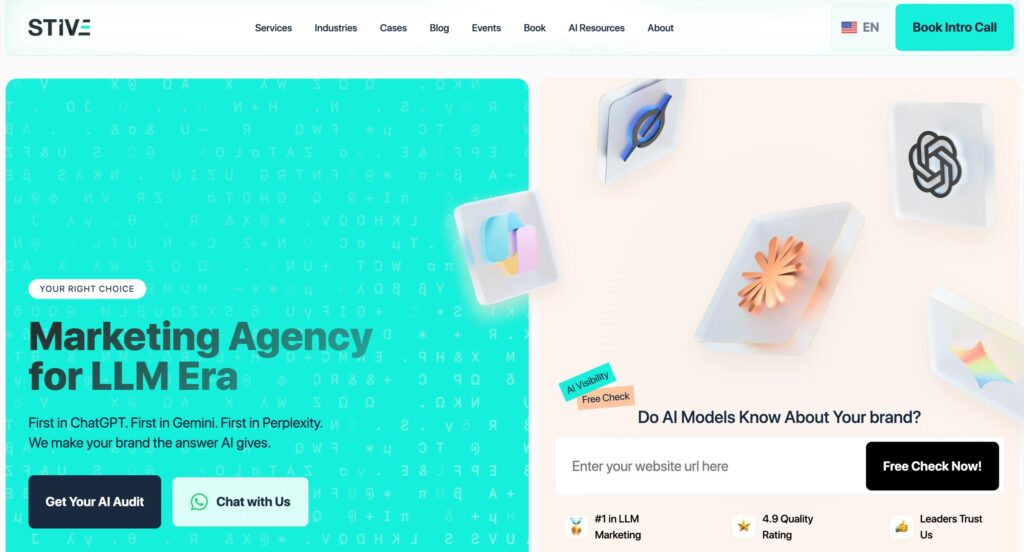 Stive.ai - Page d'accueil d'une agence de marketing LLM avec bannière héroïque, outil de vérification de la visibilité "Do AI Models Know About Your Brand ?