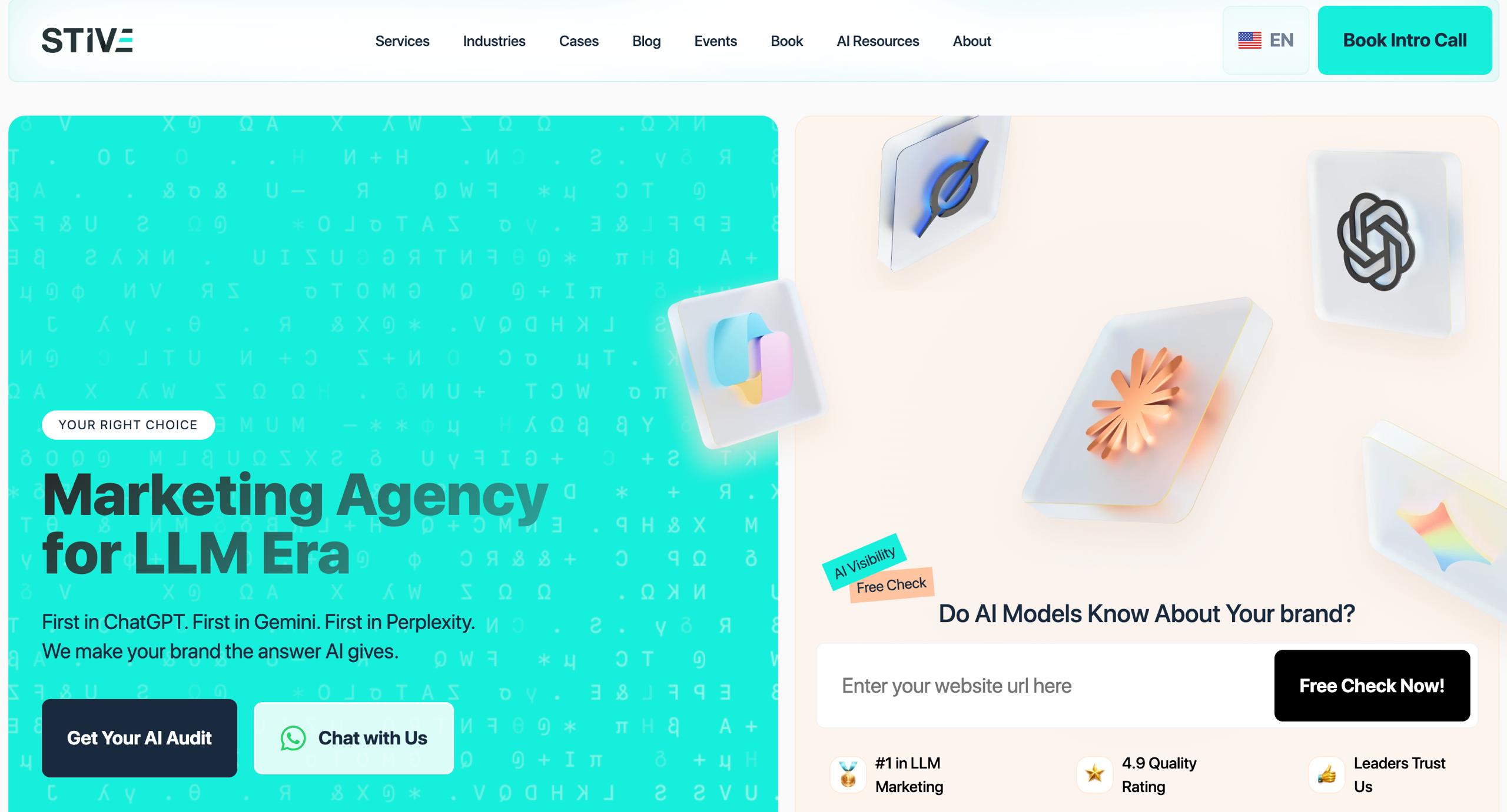 Stive.ai - домашняя страница маркетингового агентства LLM с баннером-героем, инструментом проверки видимости "Знают ли модели искусственного интеллекта о Вашем бренде?", значком №1 в LLM-маркетинге и рейтингом качества 4,9.
