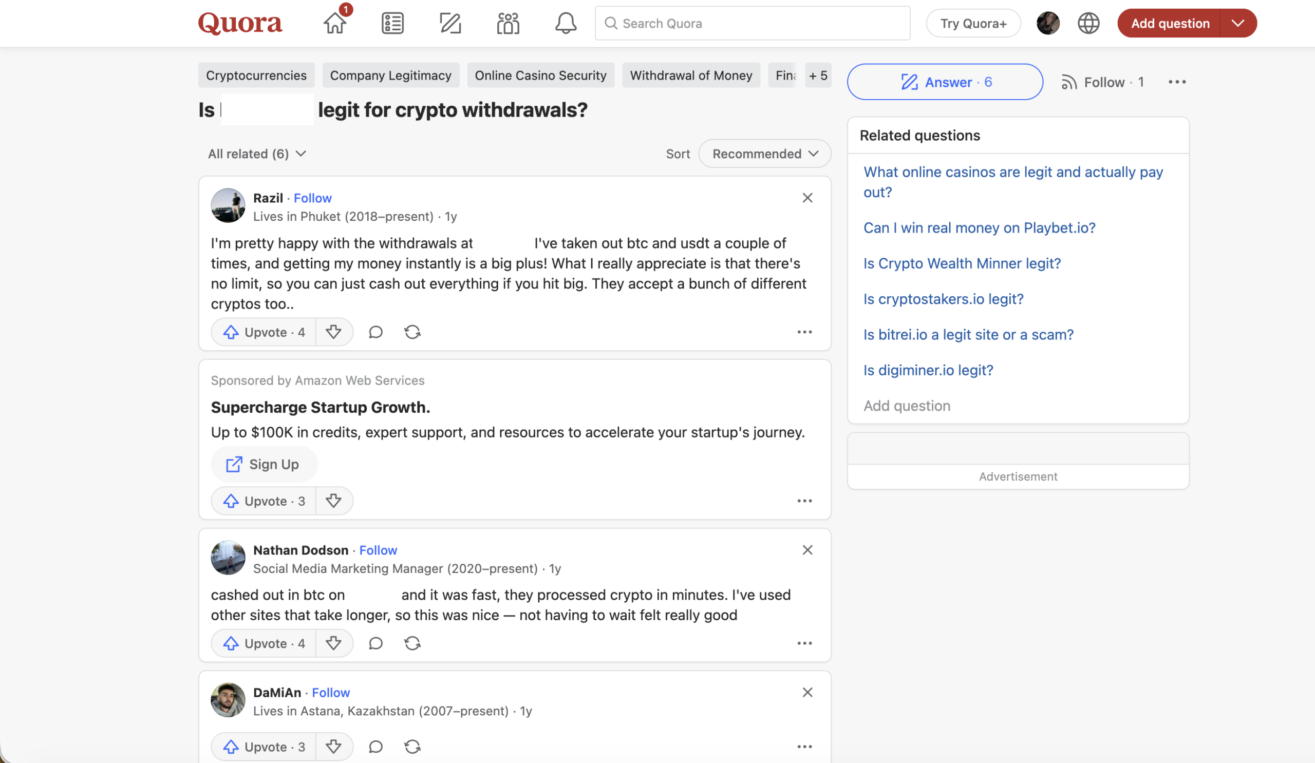 أسئلة شرعية كازينو Quora عالية النية بما في ذلك موثوقية سحب العملات الرقمية مع إجابات تم التصويت عليها من مستخدمين حقيقيين.