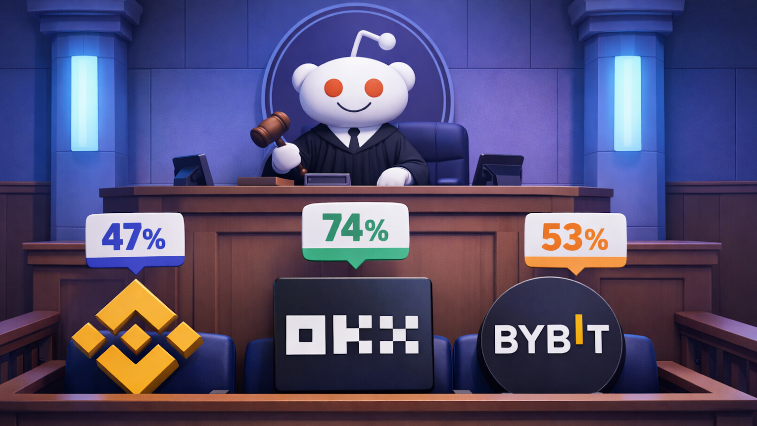 Reddit Snoo mascot as judge delivering 2026 sentiment verdict on crypto exchanges: Binance 47%, OKX 74%, and Bybit 53% positive user ratings in courtroom setting.