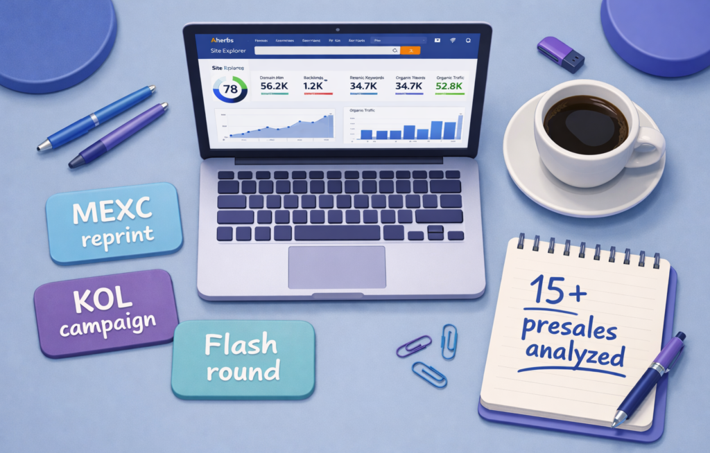 Mesa de investigación con el panel SEO de Ahrefs en el portátil, tarjetas en las que se lee la reimpresión de MEXC, la campaña KOL, la ronda Flash y un bloc de notas con más de 15 preventas analizadas - estudio de marketing de la venta de tokens.