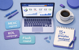 Bureau de recherche avec Ahrefs SEO dashboard sur ordinateur portable, cartes lisant MEXC réimpression, KOL campagne, Flash round, et bloc-notes avec 15+ préventes analysées - token sale marketing study.