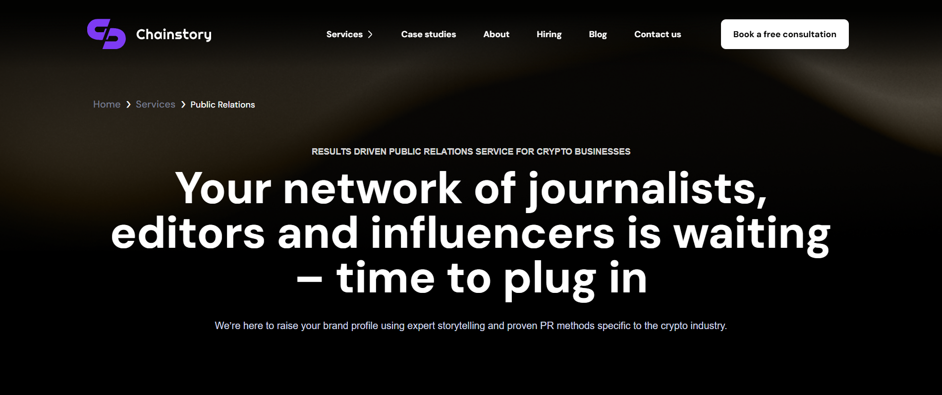 Página de inicio de la agencia de PR Chainstory web3, que destaca los servicios de medios de comunicación ganados para empresas de criptomonedas.