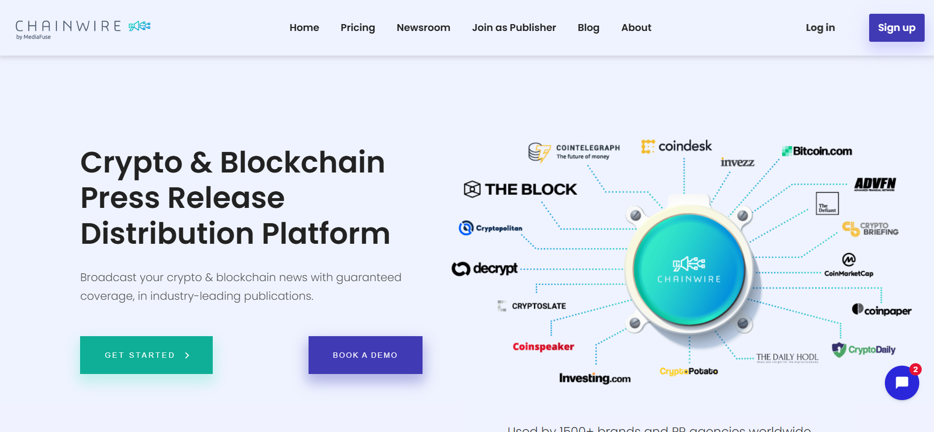 La plataforma de distribución de comunicados de prensa sobre criptomonedas Chainwire muestra una red de publicaciones que incluye Cointelegraph, CoinDesk y The Block.