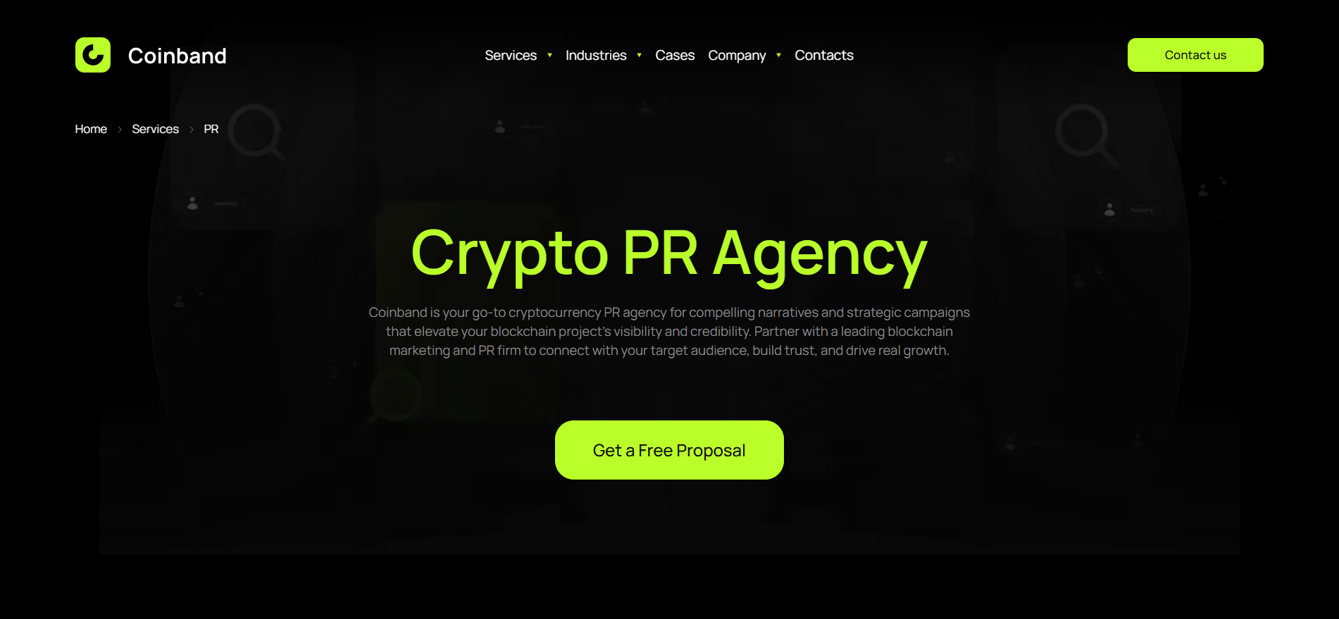 Página de inicio de la agencia de cripto PR Coinband promocionando los servicios de marketing de blockchain con una propuesta gratuita CTA.