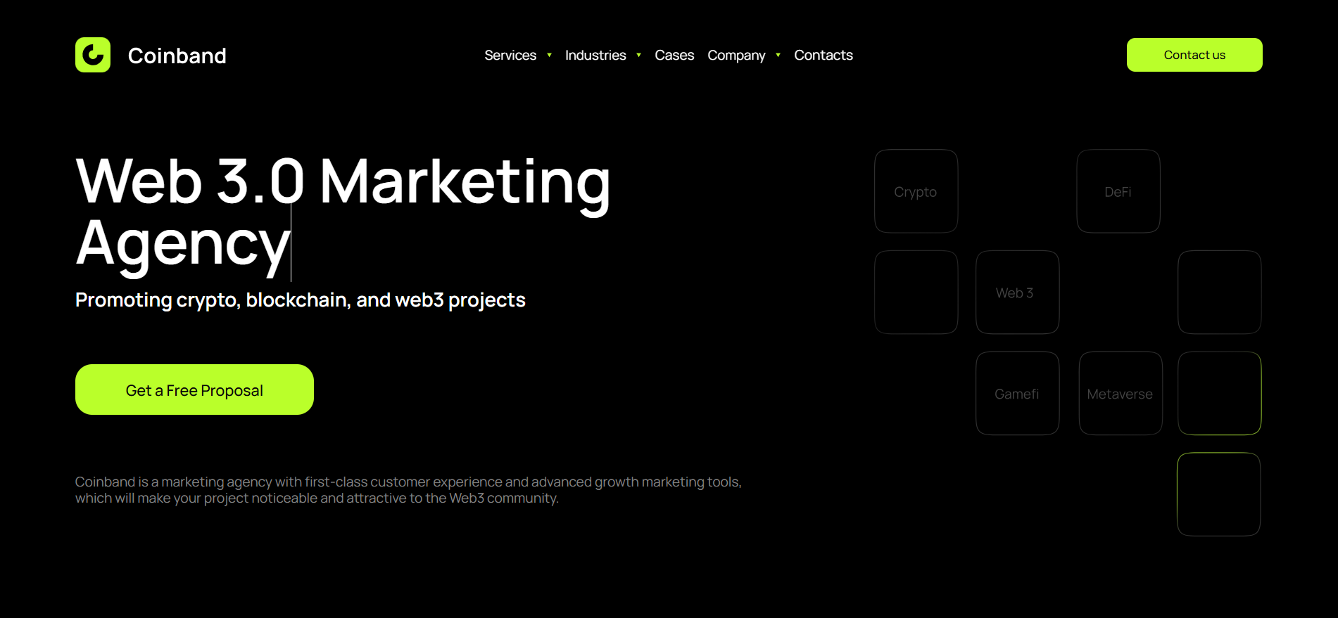 Coinband Web3 marketing agency homepage promoting crypto, blockchain, DeFi, and GameFi project growth services.