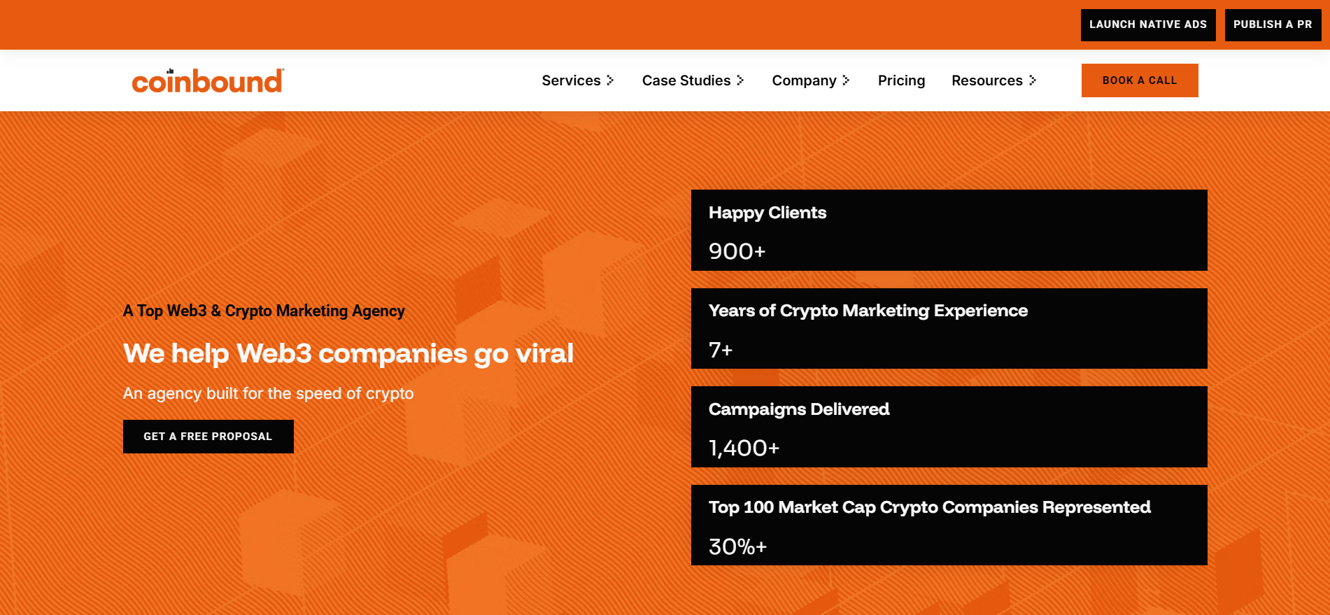 KOLネットワークとパフォーマンス主導のブロックチェーンキャンペーンサービスを紹介するCoinbound web3マーケティングエージェンシーのホームページ。