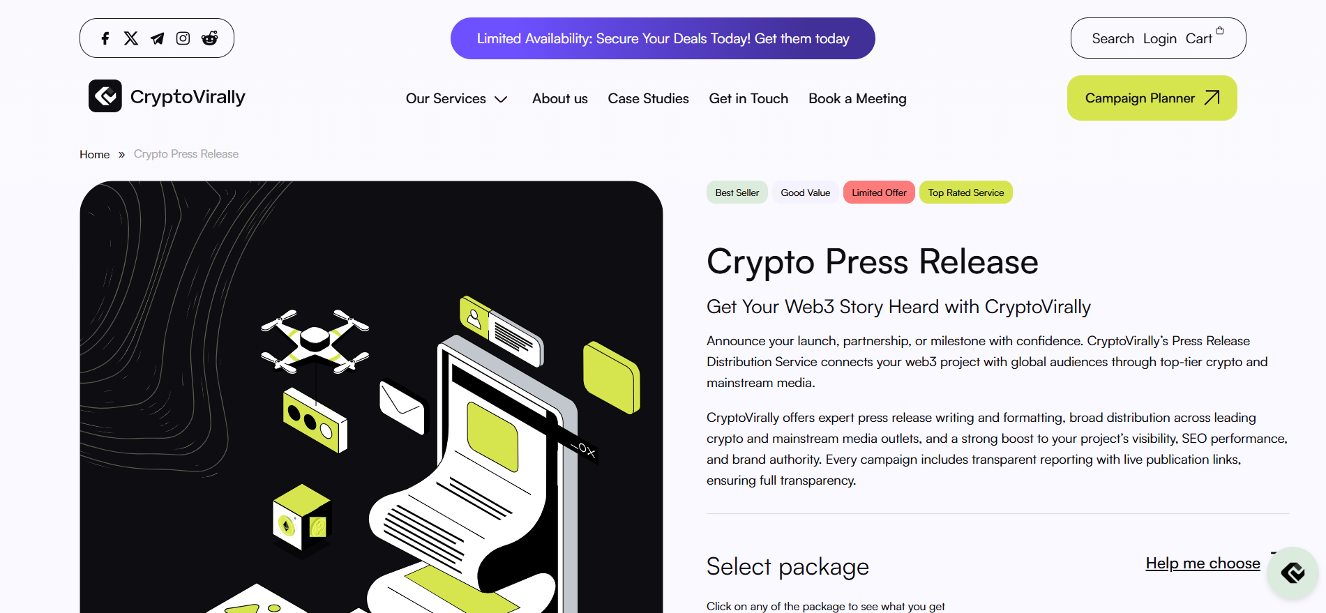 Página del servicio de comunicados de prensa sobre criptomonedas de la empresa de PR de ICO CryptoVirally con una selección transparente de paquetes.