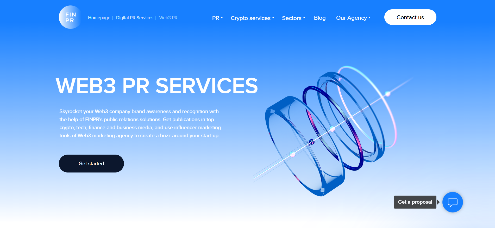 FINPR web3 PR services homepage promoting crypto media placements across top finance and tech outlets.