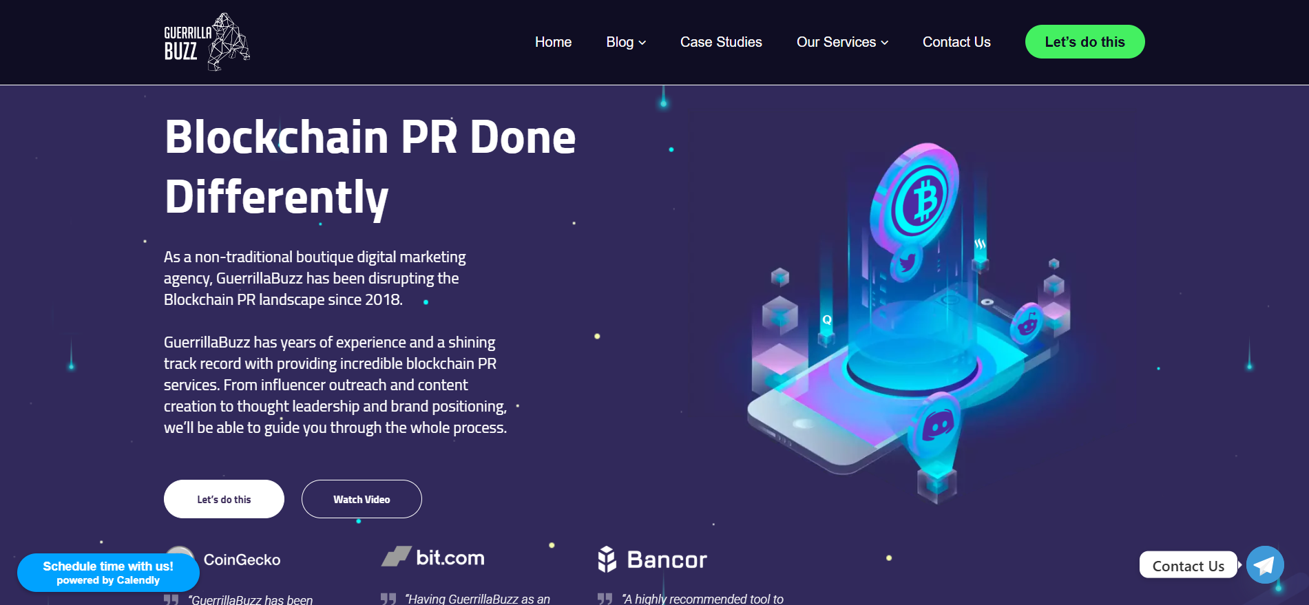 Página de inicio de la agencia de PR de blockchain GuerrillaBuzz que ofrece cripto marketing impulsado por la comunidad desde 2018.