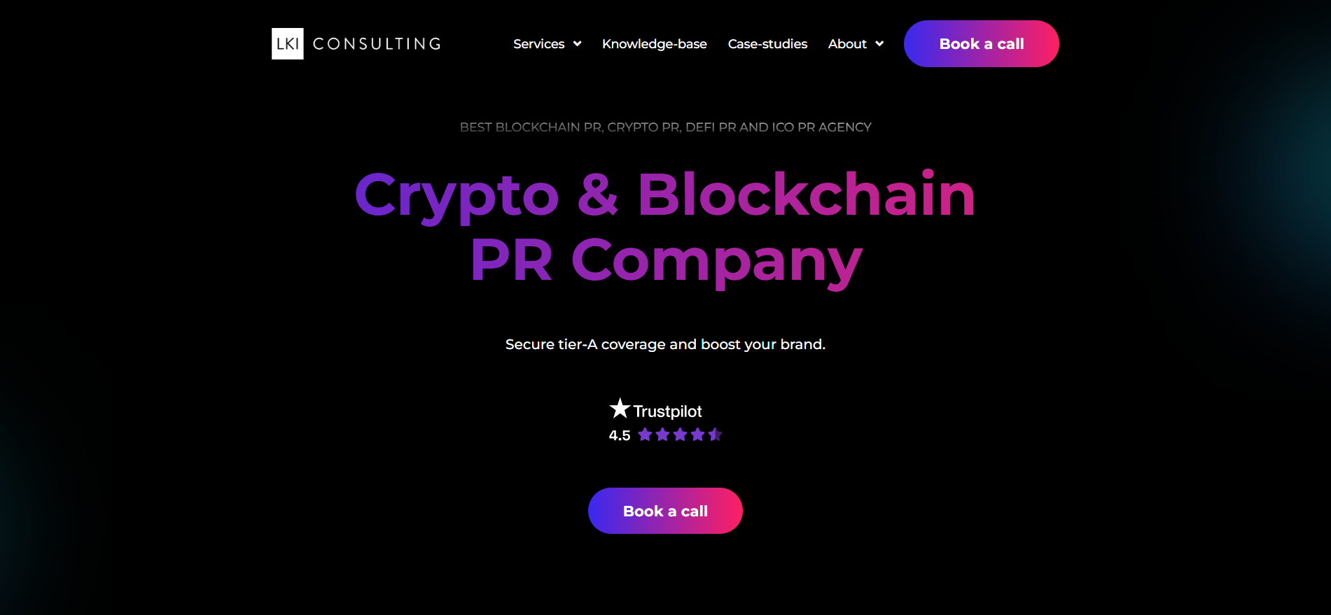 La página de inicio de la agencia de PR de ICO de LKI Consulting se posiciona como una empresa de PR de criptomonedas y blockchain con una puntuación de 4,5 en Trustpilot.