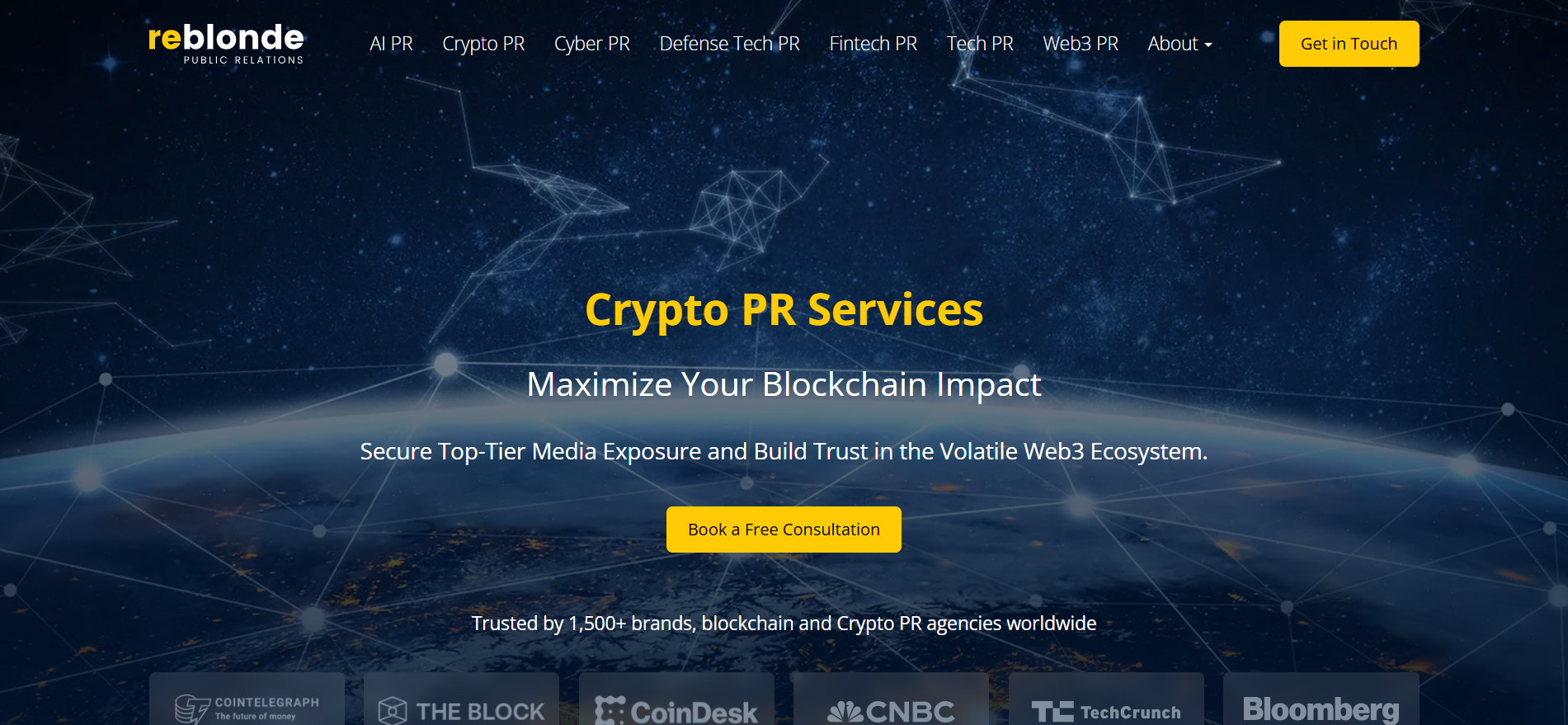 Página principal de los servicios de cripto PR de ReBlonde, con cobertura mediática de primer nivel en Bloomberg, CNBC, CoinDesk y TechCrunch.