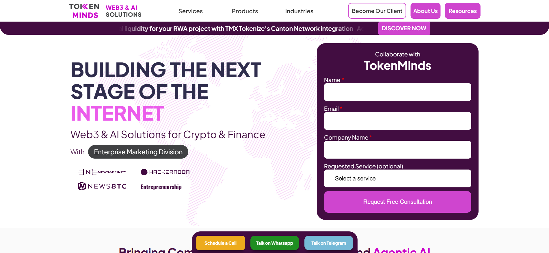 TokenMindsのWeb3マーケティング・エージェンシーのホームページでは、AIを活用したエンゲージメント・ツールや、フルサイクルのブロックチェーン開発およびプロモーション・サービスを紹介しています。