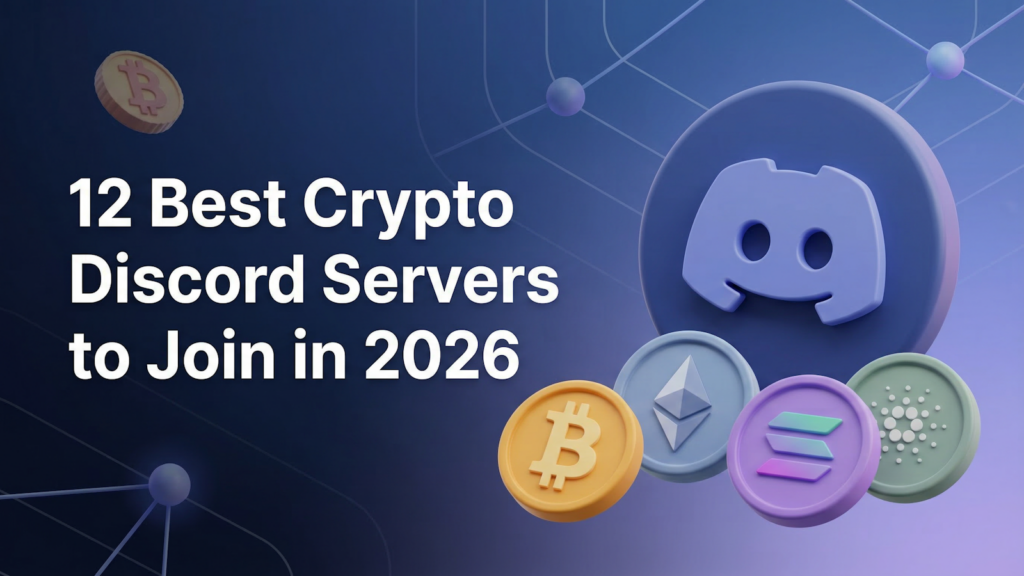 Логотип Discord в окружении монет Bitcoin, Ethereum, Solana и Cardano - лучшие криптовалютные Discord-серверы, к которым стоит присоединиться в 2026 году.