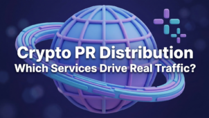 Distribution des RP crypto en 2026 : globe 3D avec des anneaux orbitaux représentant la portée médiatique mondiale et les canaux de visibilité de recherche en IA.