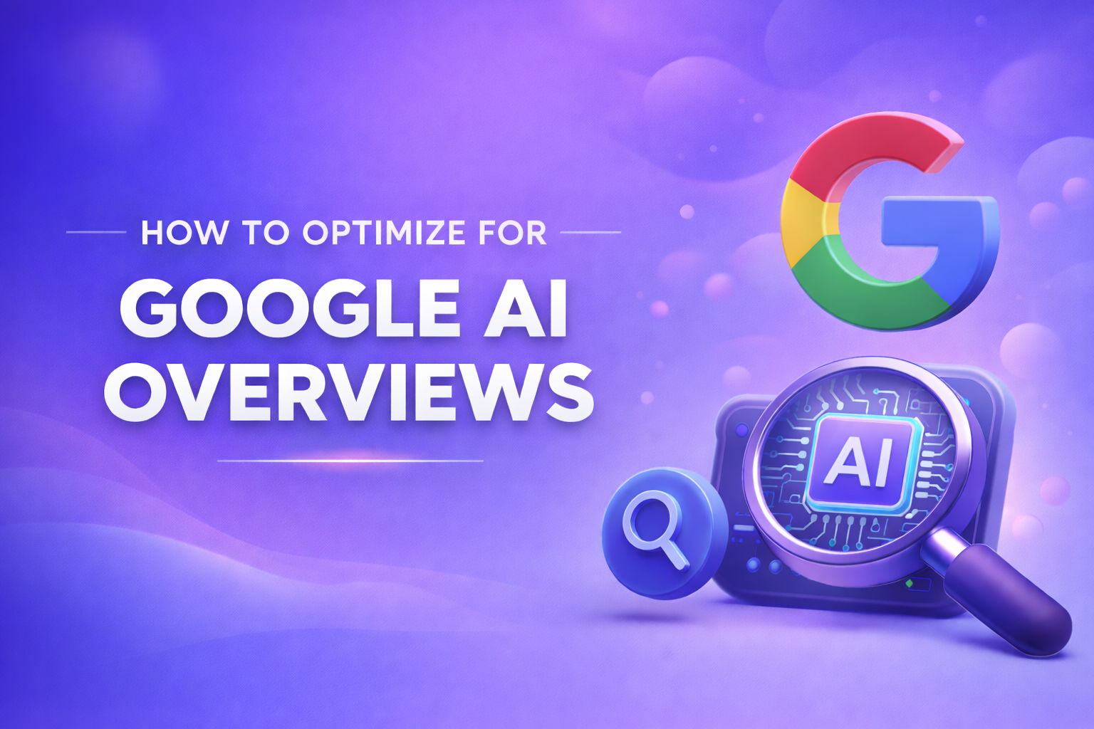 보라색-파란색 그라데이션, 왼쪽에 굵은 제목, 오른쪽에 3D 검색, AI 칩 및 Google에서 영감을 받은 아이콘이 있는 기술 블로그 표지를 사용하세요.