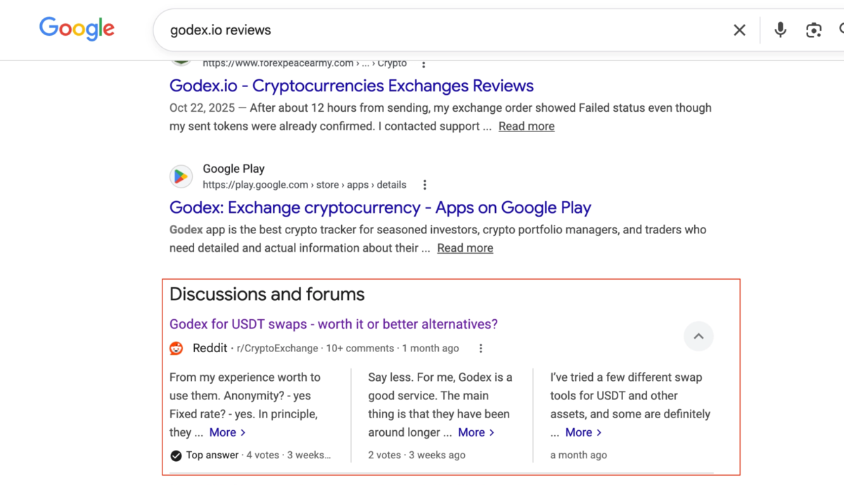 토론 및 포럼 섹션에 사용자 추천과 함께 Reddit 토론 스레드가 표시되는 godex.io 리뷰에 대한 Google 검색 결과입니다.