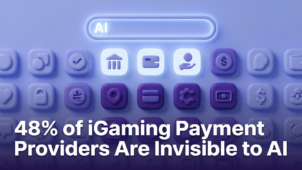 Illustration 3D d'une barre de recherche d'IA qui ne met en évidence que quelques icônes de prestataires de paiement, tandis que les autres s'effacent dans l'ombre - 48 % des prestataires de paiement d'iGaming sont invisibles pour l'IA.